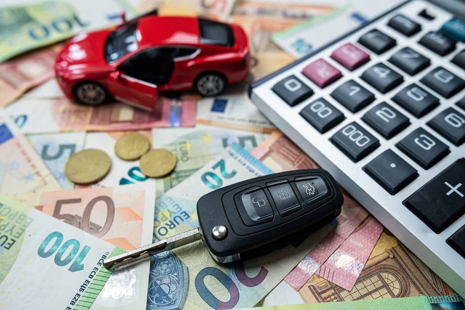 sell or rent car concept with caluclator and euro money. Finance idea