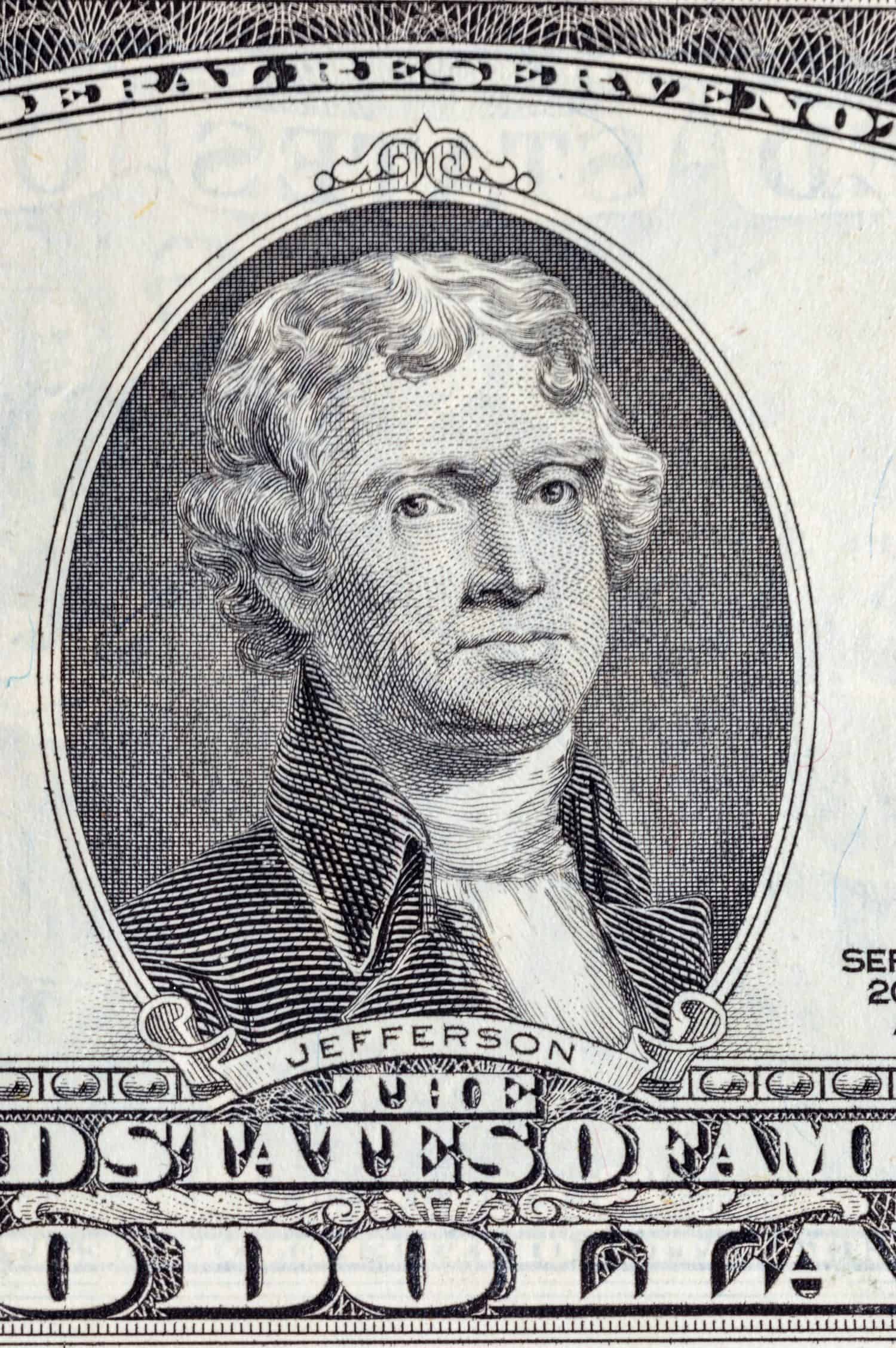 The portrait of Thomas Jefferson on the US two dollar bill.