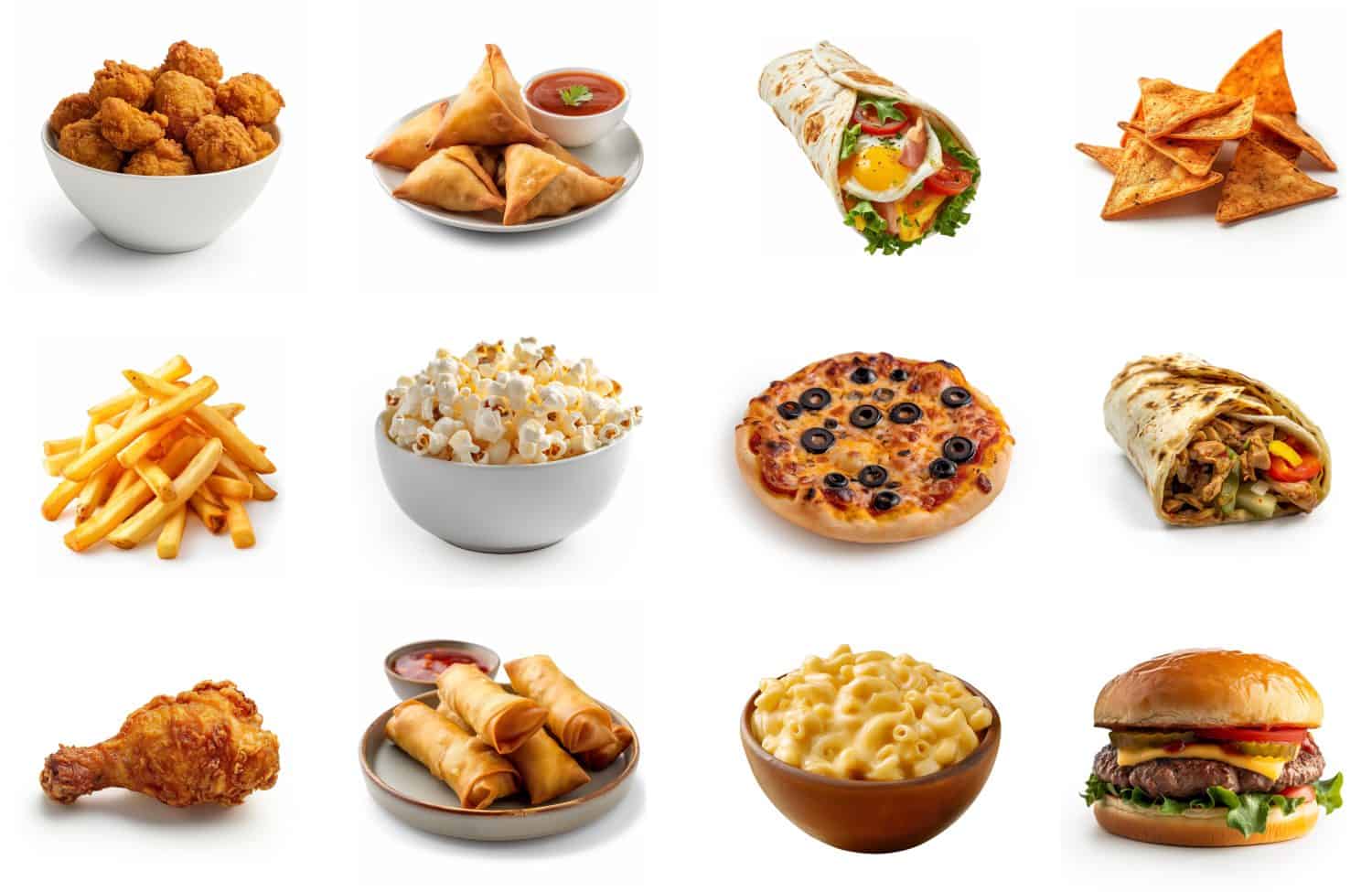 Whole menu of Fast Foods. Mac and cheese, pizza, burrito, rolls, fried chicken, samosa, spring rolls, popcorn, fries, nachos, chicken popcorn, egg wrap. Huge collection of fast foods isolated on white