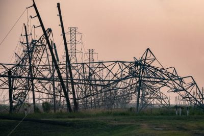 A wide shot of a field under a soft, pale orange-pink sky, filled with numerous collapsed and tangled dark grey metal power line towers and bent lattice structures. Several leaning wooden utility poles with ceramic insulators are also visible on the left. The foreground shows green and brown grass with sparse bushes, suggesting an aftermath of significant infrastructure damage.