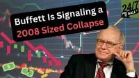 A composite image with Warren Buffett on the right side, appearing to observe a financial candlestick chart in the background that shows a downward trend with red bars. A large black banner diagonally crosses the upper left, displaying white text 'Buffett Is Signaling a' and red text '2008 Sized Collapse'. Below the banner, illustrated dollar bills and gold coins are depicted alongside a red arrow pointing downwards, symbolizing financial decline. A '24/7 WALL ST' logo is visible in the top-right corner.