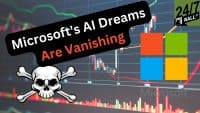A graphic featuring a black diagonal banner with the text 'Microsoft's AI Dreams' in white and 'Are Vanishing' in orange, overlaying a dark financial stock chart. Below the banner on the left is a white skull and crossbones. On the right, the 24/7 Wall St logo appears above the familiar four-square Microsoft logo. The background chart shows red and green candlesticks and lines, indicative of market fluctuations.