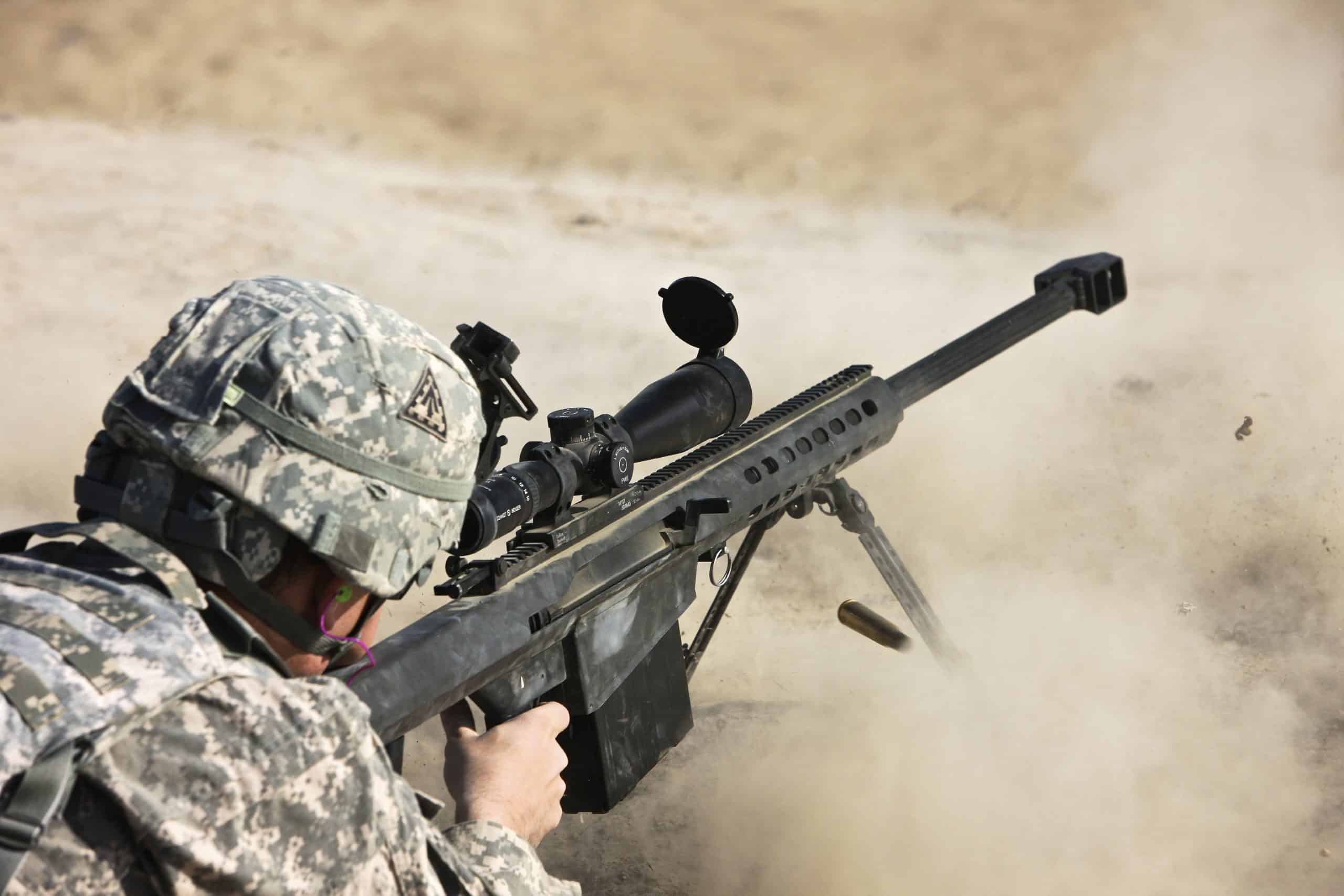 A U.S. Army soldier fires a Barrett M82A1 rifle at a firing range in Kunduz, Afghanistan.