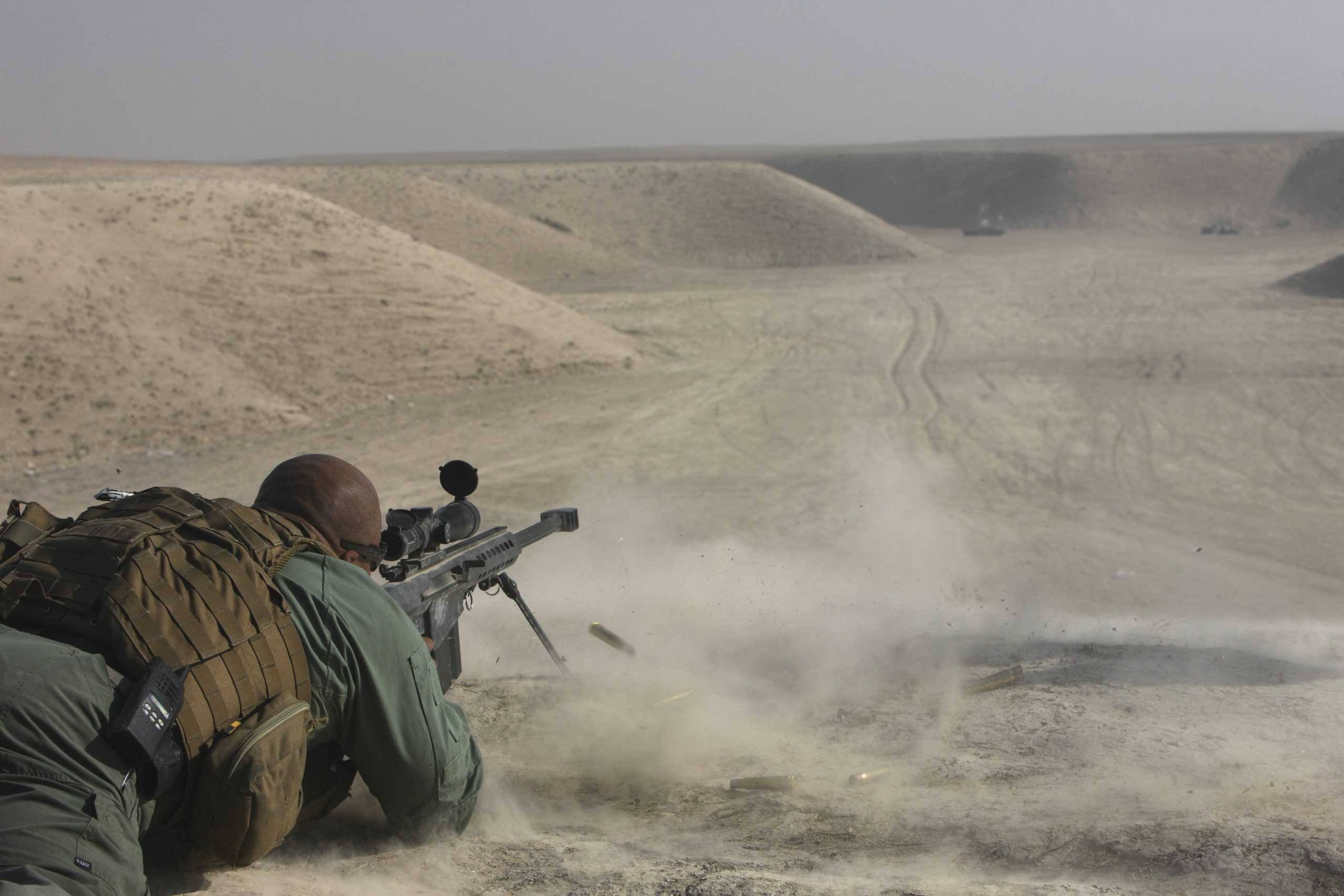 A U.S. Army soldier fires a Barrett M82A1 rifle at a firing range in Kunduz, Afghanistan.