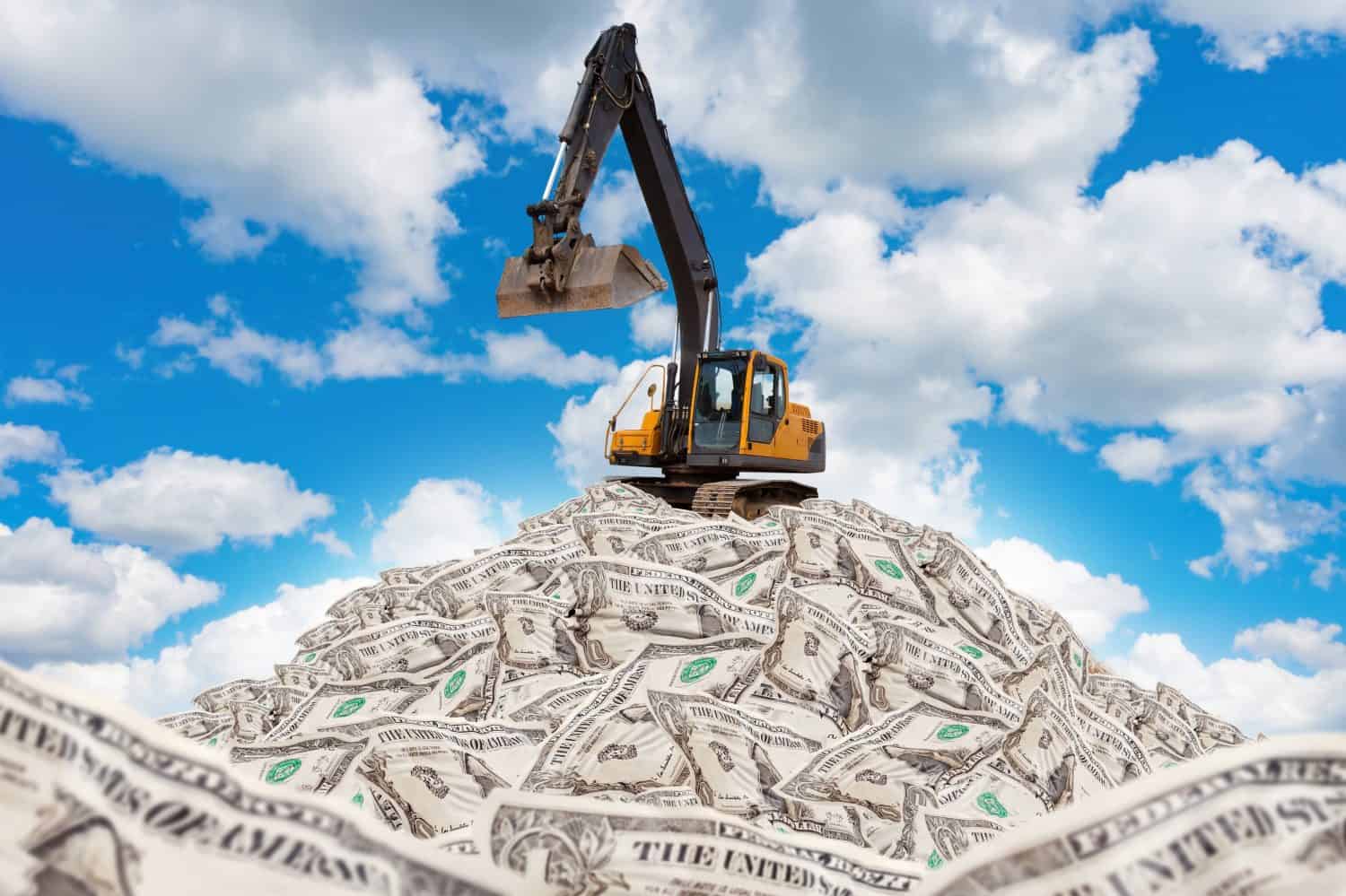 Excavator on a pile of money. Crumpled dollars under blue sky. The concept of high earnings in construction. Big profit. Excavator on mountain of money. Profit from the construction industry