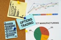 A flat lay photo of financial documents and handwritten notes pinned to a cork board. On the right, a line graph displays market trends with values up to 8,050, alongside a strip of financial figures and a pie chart showing percentages 38%, 35%, and 27%. In the center, a light blue sticky note reads "OPTIONS TRADING". Other notes include hand-drawn bar graphs. Yellow and blue thumbtacks secure the papers.