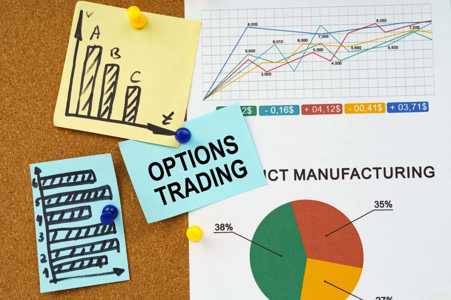 Business concept. On the board hangs graphs and reporting charts, a sticker with the inscription - Trading Options