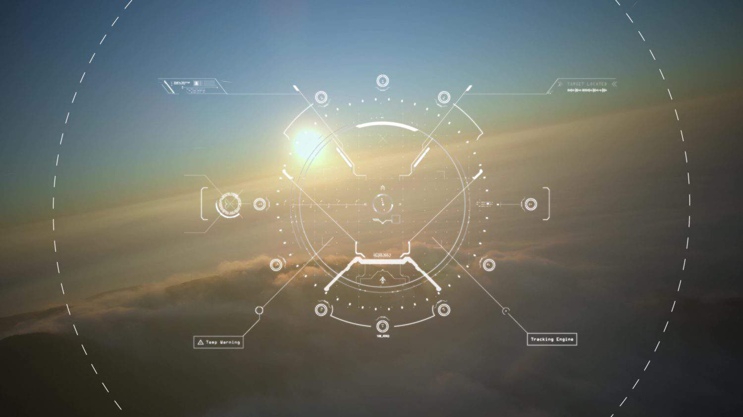 Military drone aircraft cockpit, 3D graphic dashboard display search target