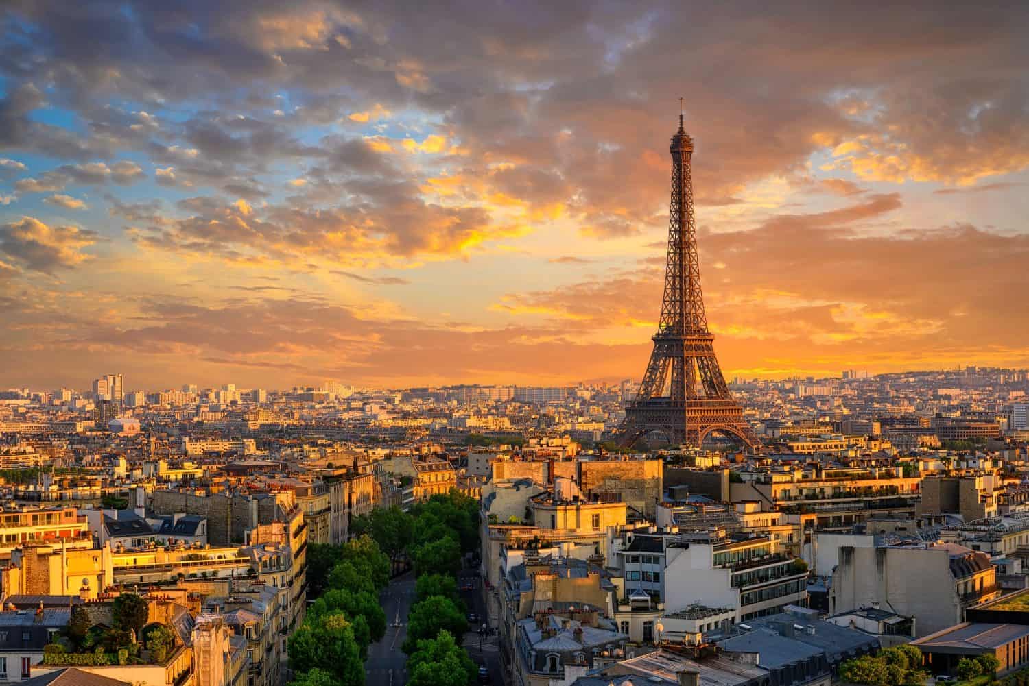 Paris skyline with Eiffel Tower in Paris, France. Panoramic view of Paris sunset