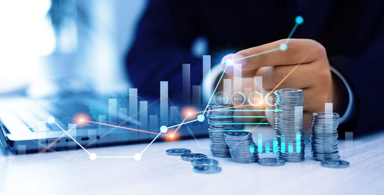 Money business currency financial graphic diagram. Financial growth data or investment market profit bar and success report. The concept of saving money. Stack of coins with increasing trading price chart.