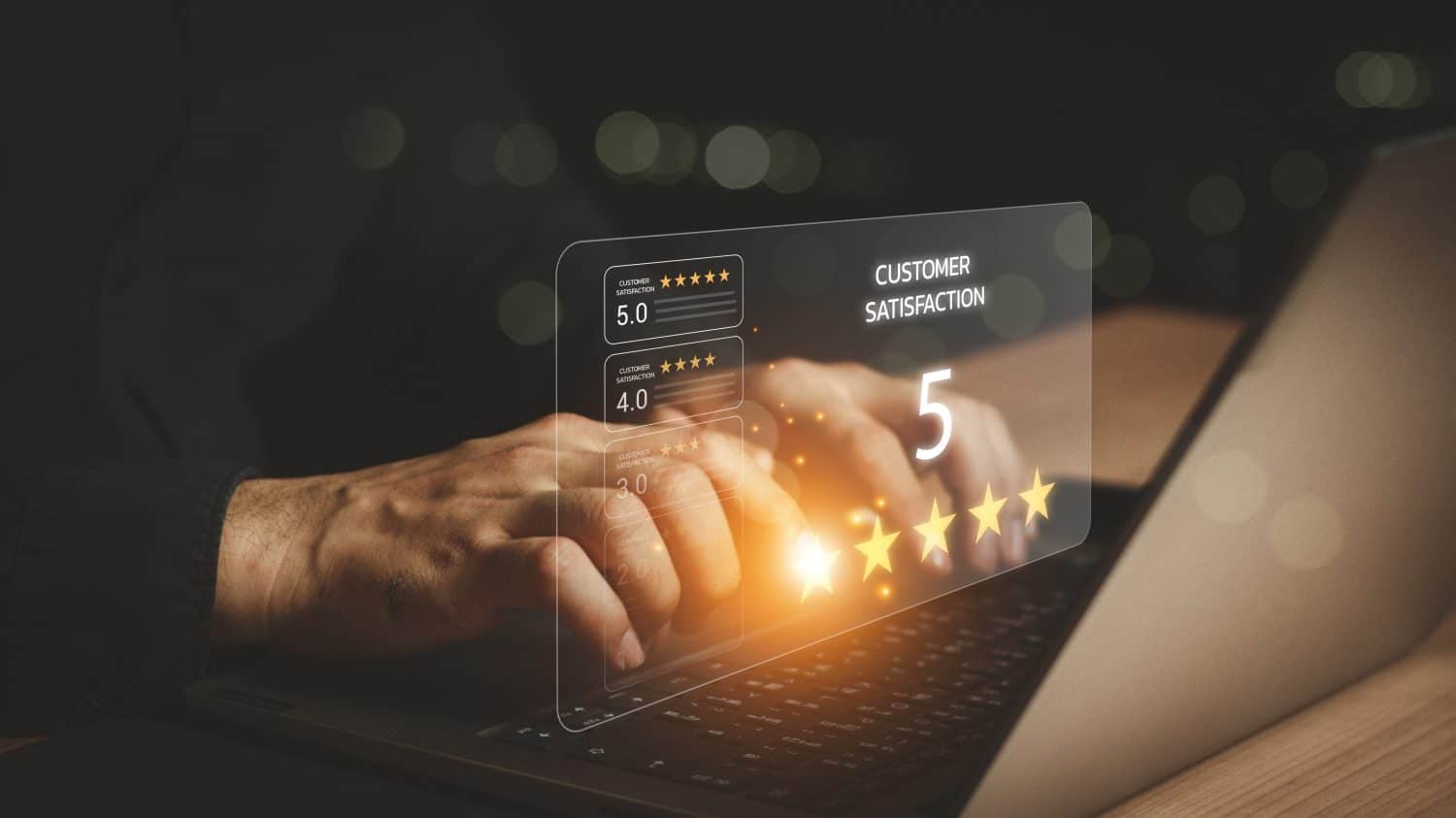 Customer service experience and business satisfaction survey. close up Man hand using computer Notebook with popup five star icon for feedback review satisfaction service. Satisfaction survey concept.