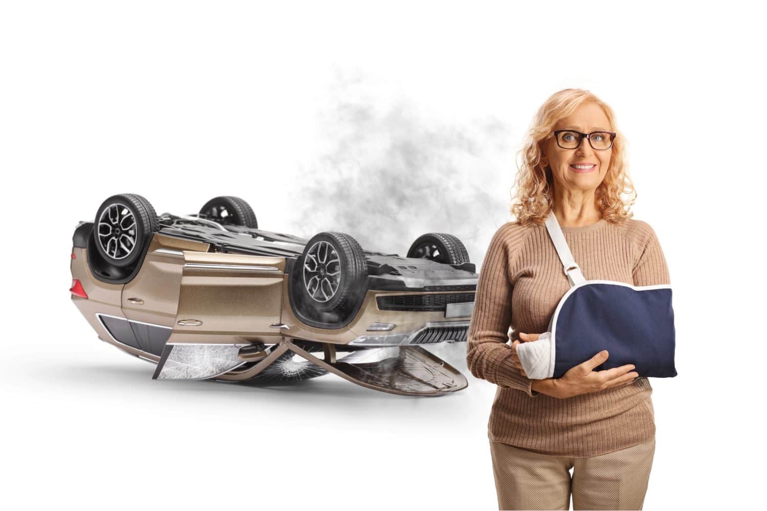 Woman with a broken arm, car crash injury concept isolated on white background