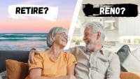 A diagonally split image shows an older couple, a woman with glasses and a man with a beard, smiling and looking at each other while seated on a couch. The left side background is a tranquil beach at sunset with ocean waves, overlaid with the text "RETIRE?". The right side background is a clean, modern white kitchen with stainless steel appliances, overlaid with the text "RENO?".