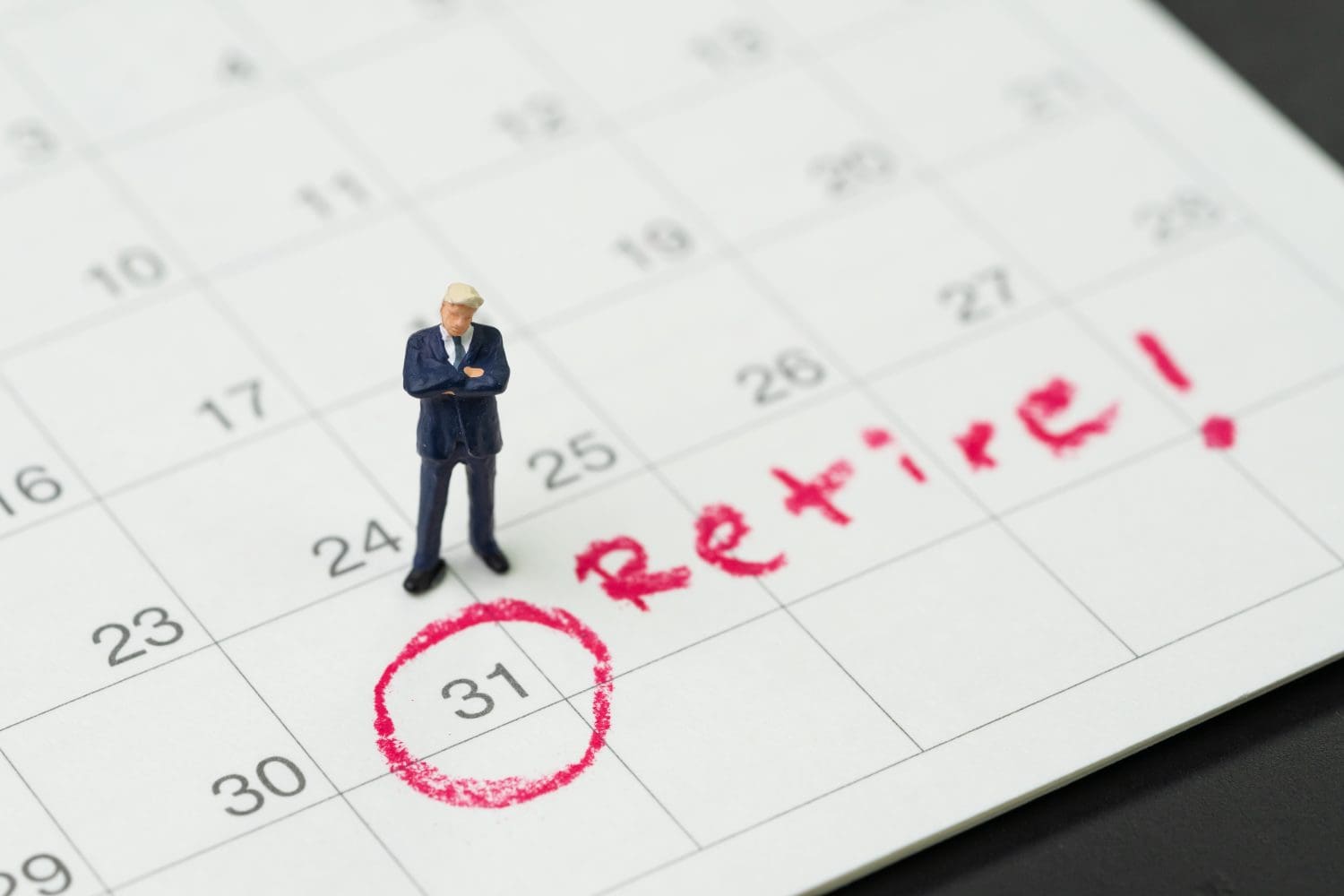 Retirement target or planning to quit job or financial freedom, miniature business people standing and thinking about meeting with red circle important target on calendar with text Retirement.