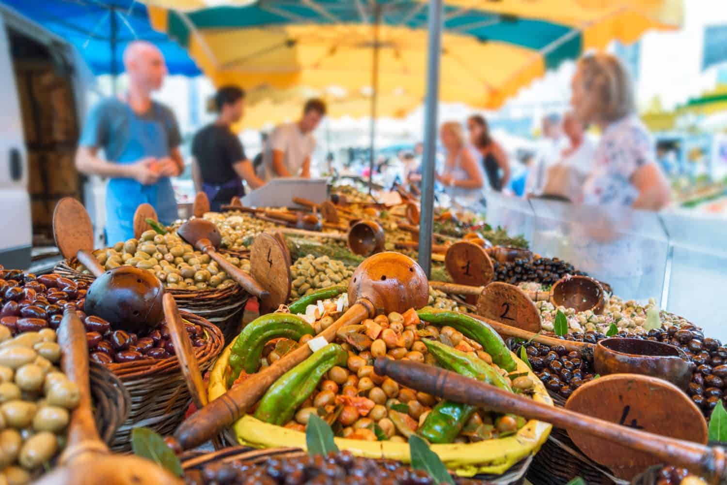 Olives at the street farmers market in Provence, France