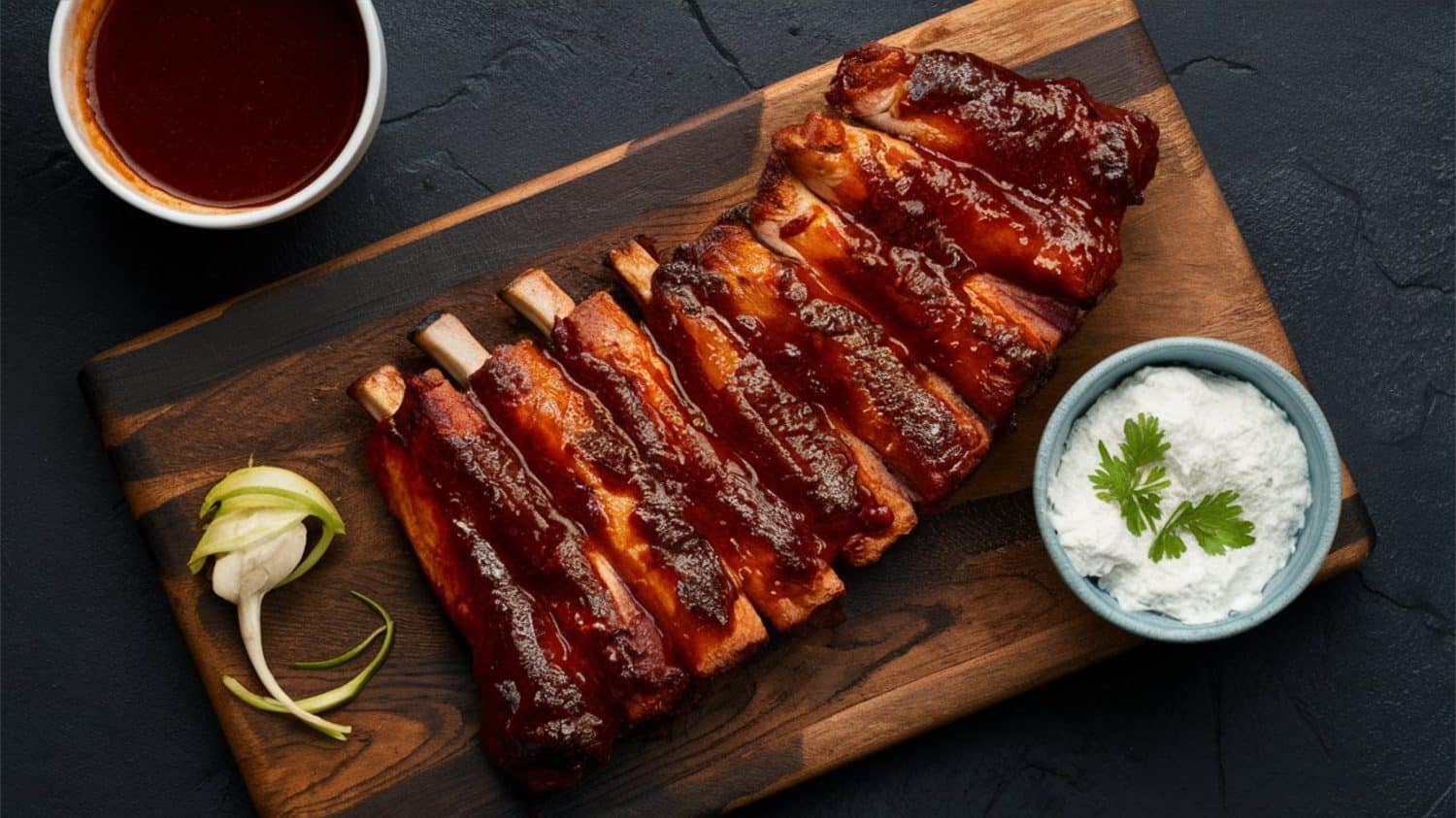 BBQ ribs - Tender ribs smeared with acidic barbecue sauce.