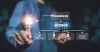 A person's hand points to a glowing hexagonal icon representing a user. Above it, a digital flowchart displays a 'Business' node connected to a central 'CRM' node. From 'CRM', lines extend to four sub-nodes: 'Marketing' with a bar chart icon, 'Sales' with a document icon, 'Support' with a person icon, and 'Feedback' with five stars. The background is dark, with illuminated lines connecting the nodes, suggesting a digital network or system.