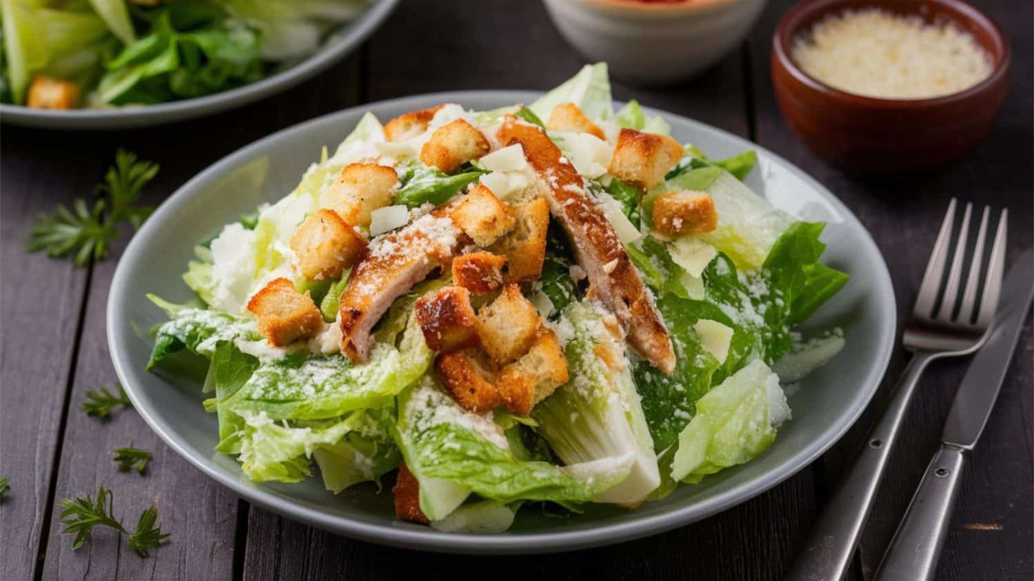 Chicken Caesar Salad: Crispy romaine, grilled chicken, croutons and Parmesan cheese, tossed in Caesar dressing. A filling and aromatic salad.