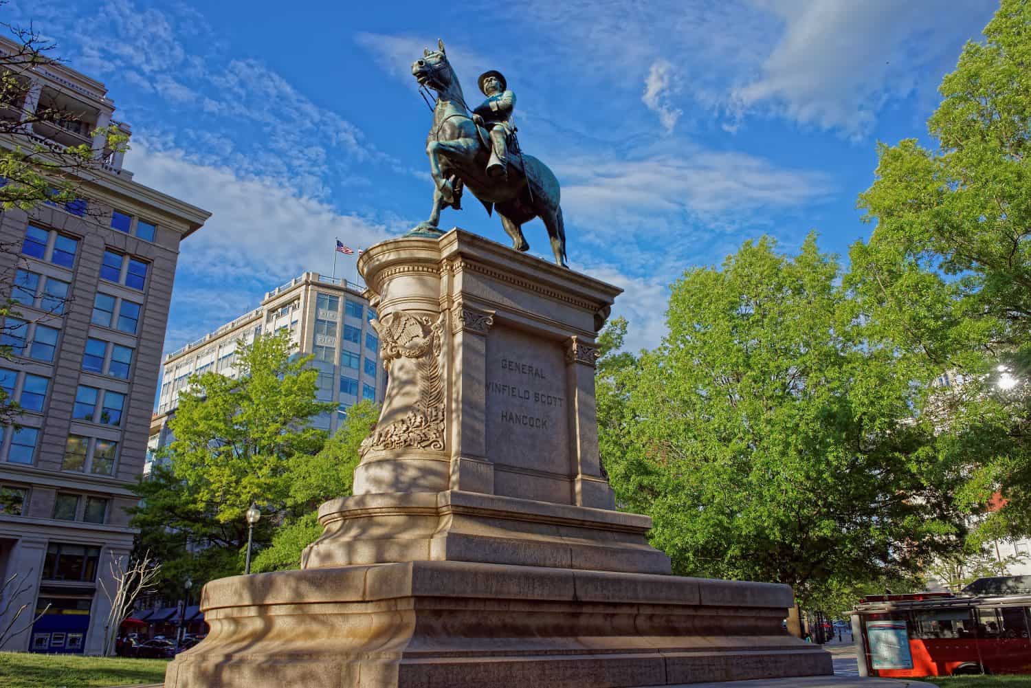 The statue is located in Washington DC, United States of America. It is made in honor of General Winfield Scott Hancock by Henry Jackson Ellicott with architect Paul J. Pelz.