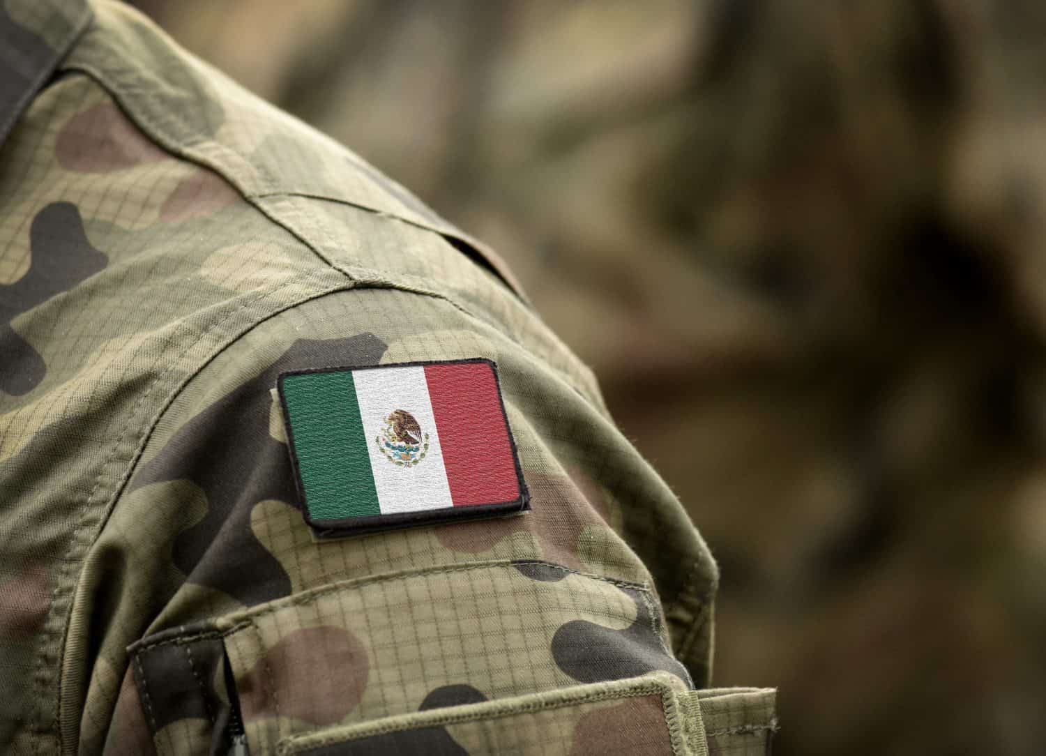 Flag of Mexico on soldiers arm. Flag of Mexico on military uniform (collage).