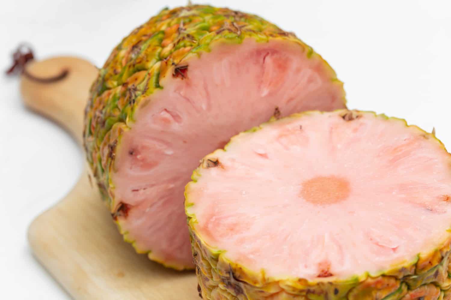 The pinkglow pineapple is grown in Costa Rica. It has a pink color from lycopene.