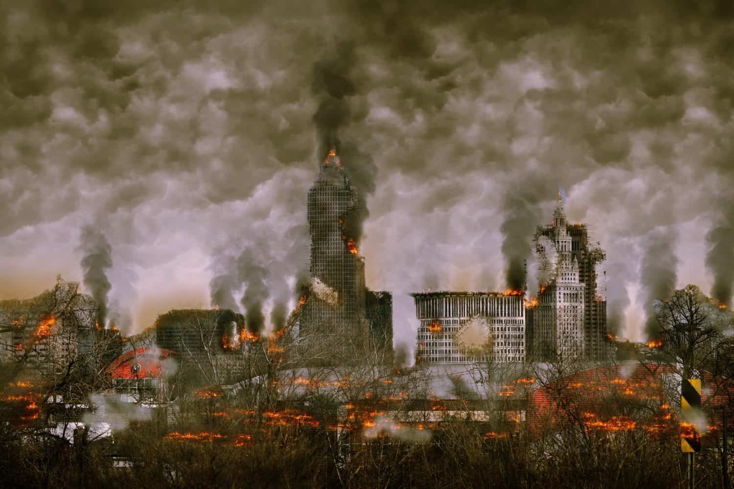 Apocalypse. Burning city, abstract vision, photo.