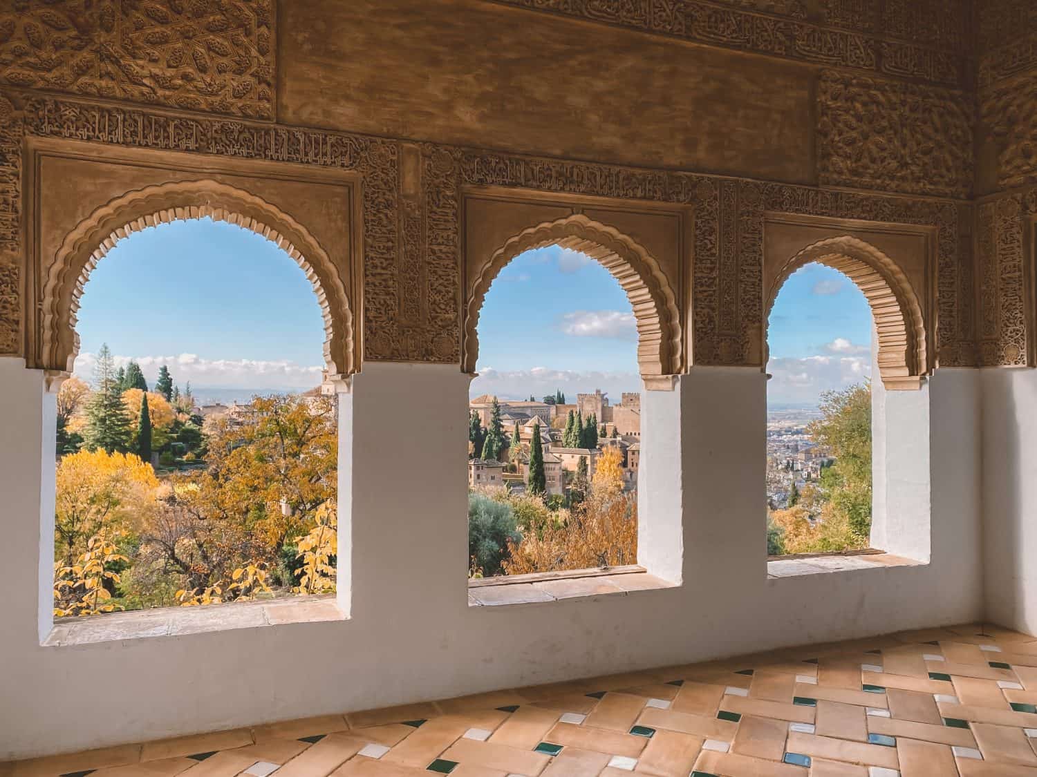 Architecture or design interior of Alhambra in Granada, Spain. That includes Nasrid Palaces, Partal Palace, Comares Palace, Palace of the Lions