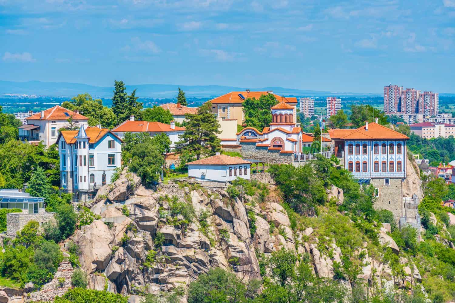 View of picturesque buildings in Dzhambaz Tepe, one of the Three Hills of the Old Town of Plovdiv, Bulgaria