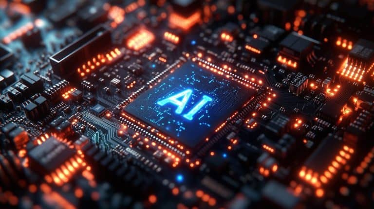 A close-up, high-angle view of a dark circuit board with a central glowing blue chip bearing the letters 'AI'. Numerous small components and intricate circuitry are visible, many glowing in bright orange and red, indicating activity and power. The image has a futuristic and high-tech feel with a shallow depth of field.