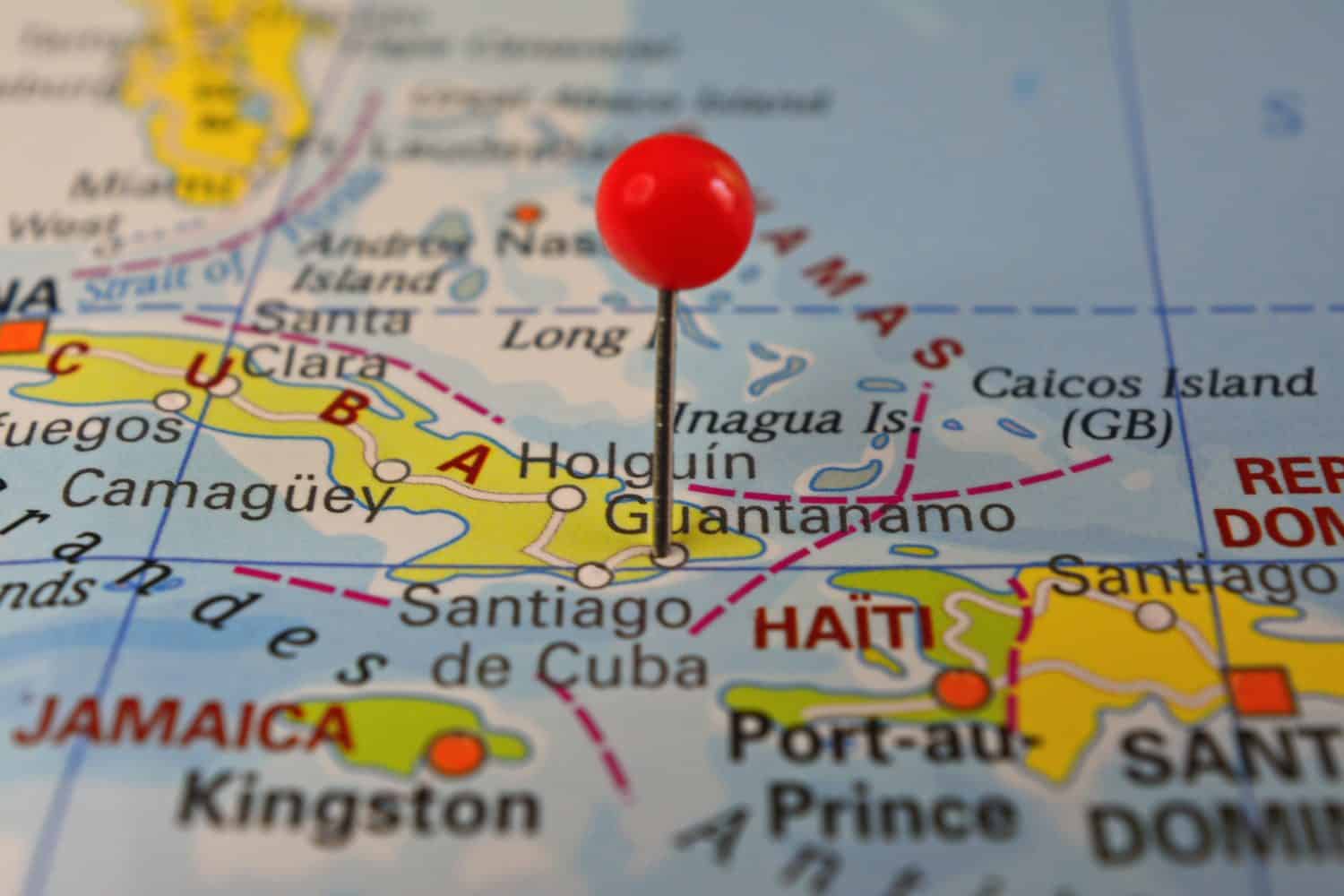 Guantanamo bay pinned on map, Cuba