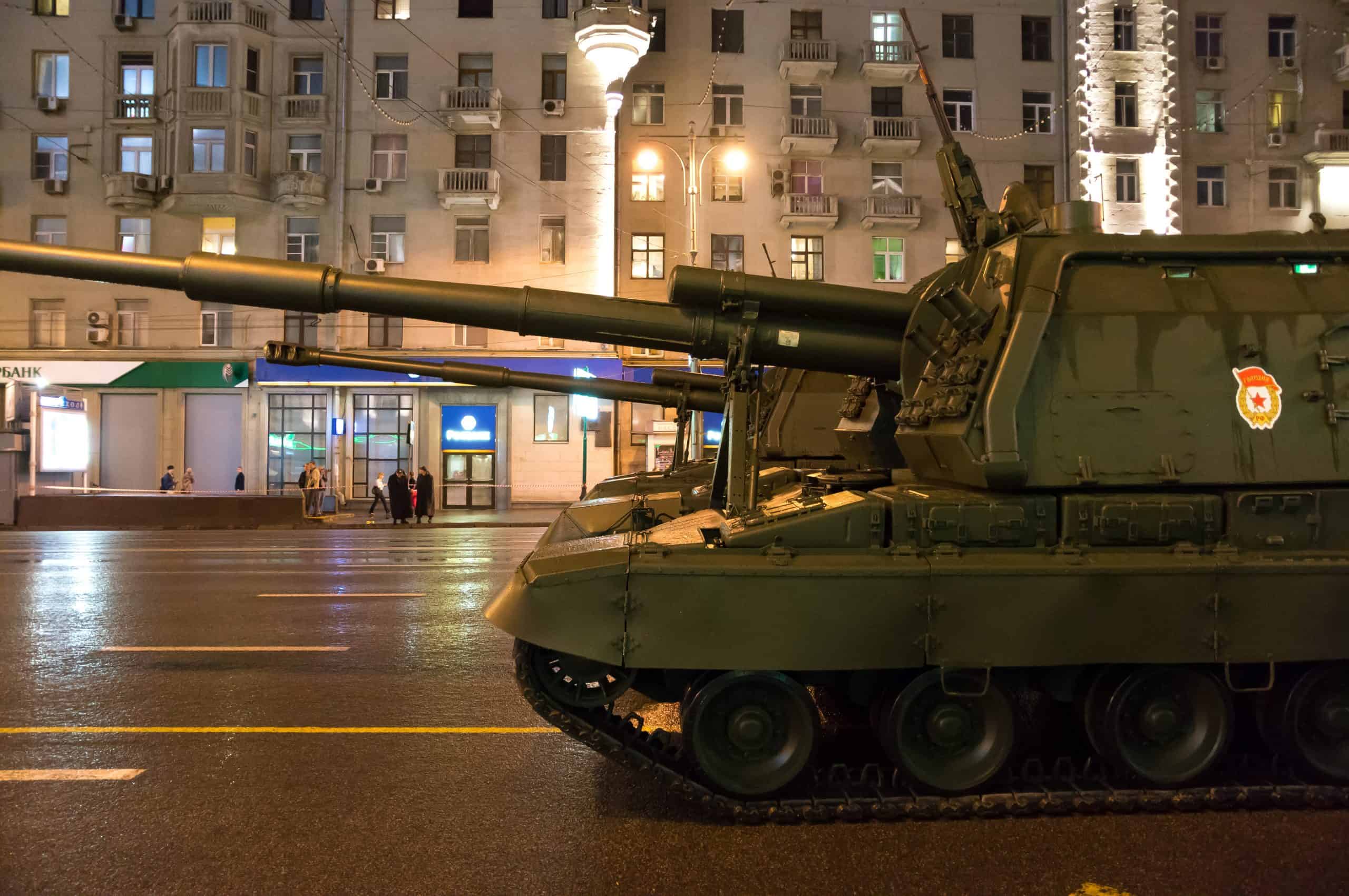 Military artillery on the streets of night Moscow, Russia