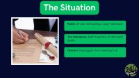 A presentation slide titled 'The Situation' on a dark blue background features a close-up photograph of hands signing a legal document, possibly a will, next to a wax-sealed scroll and a miniature white house model. To the right, three green horizontal text boxes outline the scenario: 'Poster: 29 year old handling a large inheritance,' 'The Inheritance: $6M Properties, $1.5M Liquid Assets,' and 'Concern: Feeling guilt from inheriting it all.' A '24/7 WALL ST' logo appears in the bottom right corner.