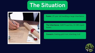 A presentation slide titled 'The Situation' on a dark blue background features a close-up photograph of hands signing a legal document, possibly a will, next to a wax-sealed scroll and a miniature white house model. To the right, three green horizontal text boxes outline the scenario: 'Poster: 29 year old handling a large inheritance,' 'The Inheritance: $6M Properties, $1.5M Liquid Assets,' and 'Concern: Feeling guilt from inheriting it all.' A '24/7 WALL ST' logo appears in the bottom right corner.