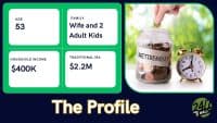 A graphic presentation detailing a financial profile, set against a dark blue background with green and white elements. On the left, four white rounded rectangles display financial information: 'AGE 53', 'FAMILY Wife and 2 Adult Kids', 'HOUSEHOLD INCOME $400K', and 'TRADITIONAL IRA $2.2M'. On the right, a hand is shown dropping a coin into a glass jar filled with money and labeled 'RETIREMENT', next to a gold alarm clock. The background behind the jar and clock is a blurred green foliage. The phrase 'The Profile' is prominently displayed in gold text at the bottom. A '24/7 WALL ST' logo is in the bottom right corner.