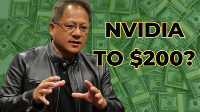 Nvidia CEO Jensen Huang, an East Asian man with short dark hair and glasses, wears a black leather jacket and gestures with both hands in front of him. The background is a green-tinted collage of numerous $100 US dollar bills and stacks of money. Large, bold yellow text with a black outline on the right reads 'NVIDIA TO $200?'.