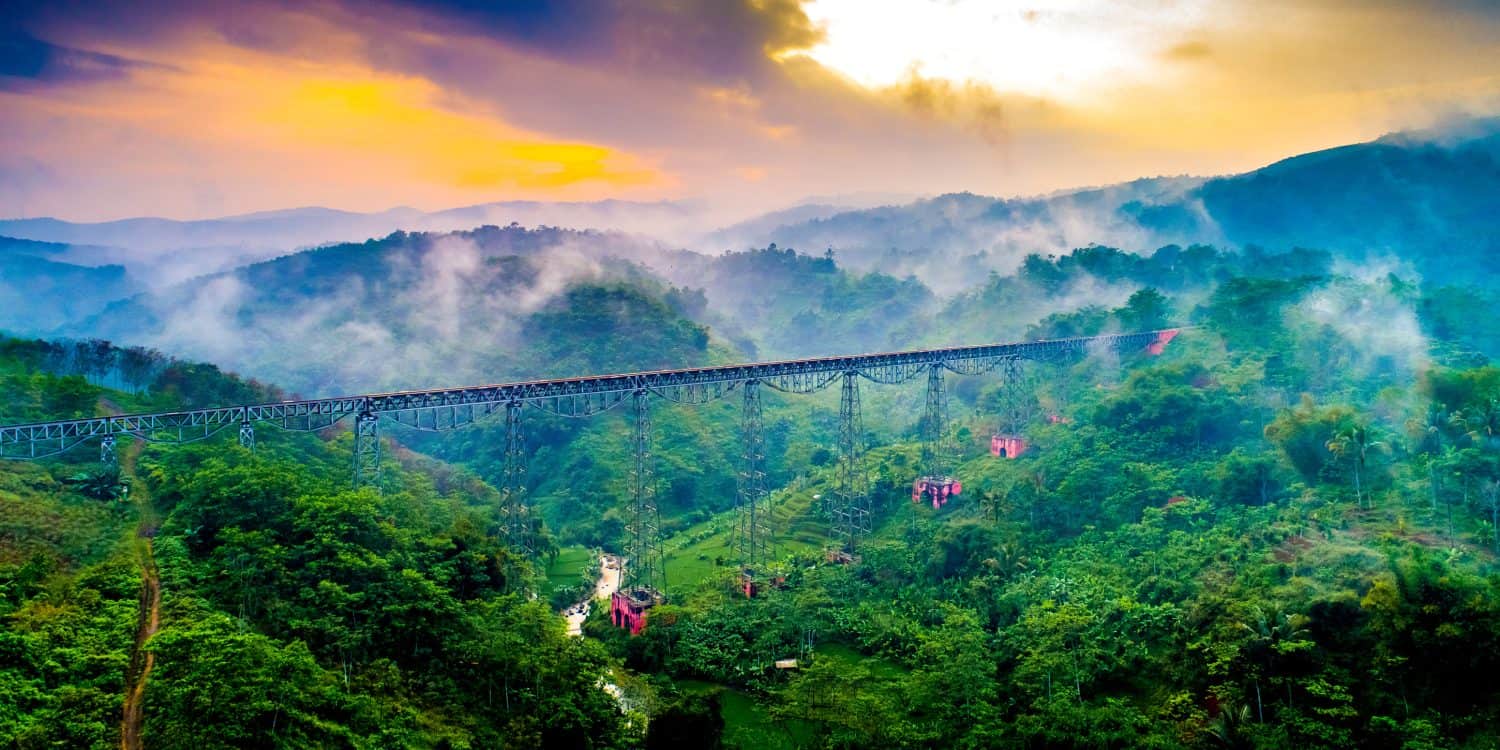 Aerial View of Cikubang Bridge at Sunrise, the Longest Active Train Bridge in Indonesia, Bandung, West Java, Asia