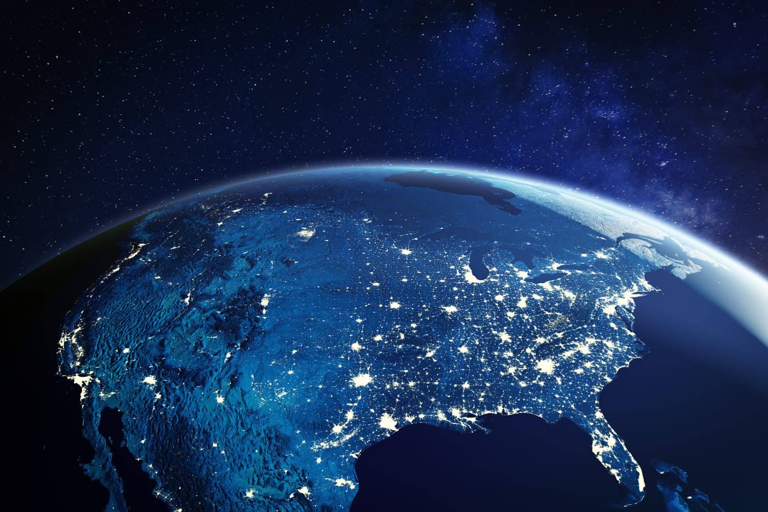 USA from space at night with city lights showing American cities in United States, global overview of North America, 3d rendering of planet Earth, elements from NASA