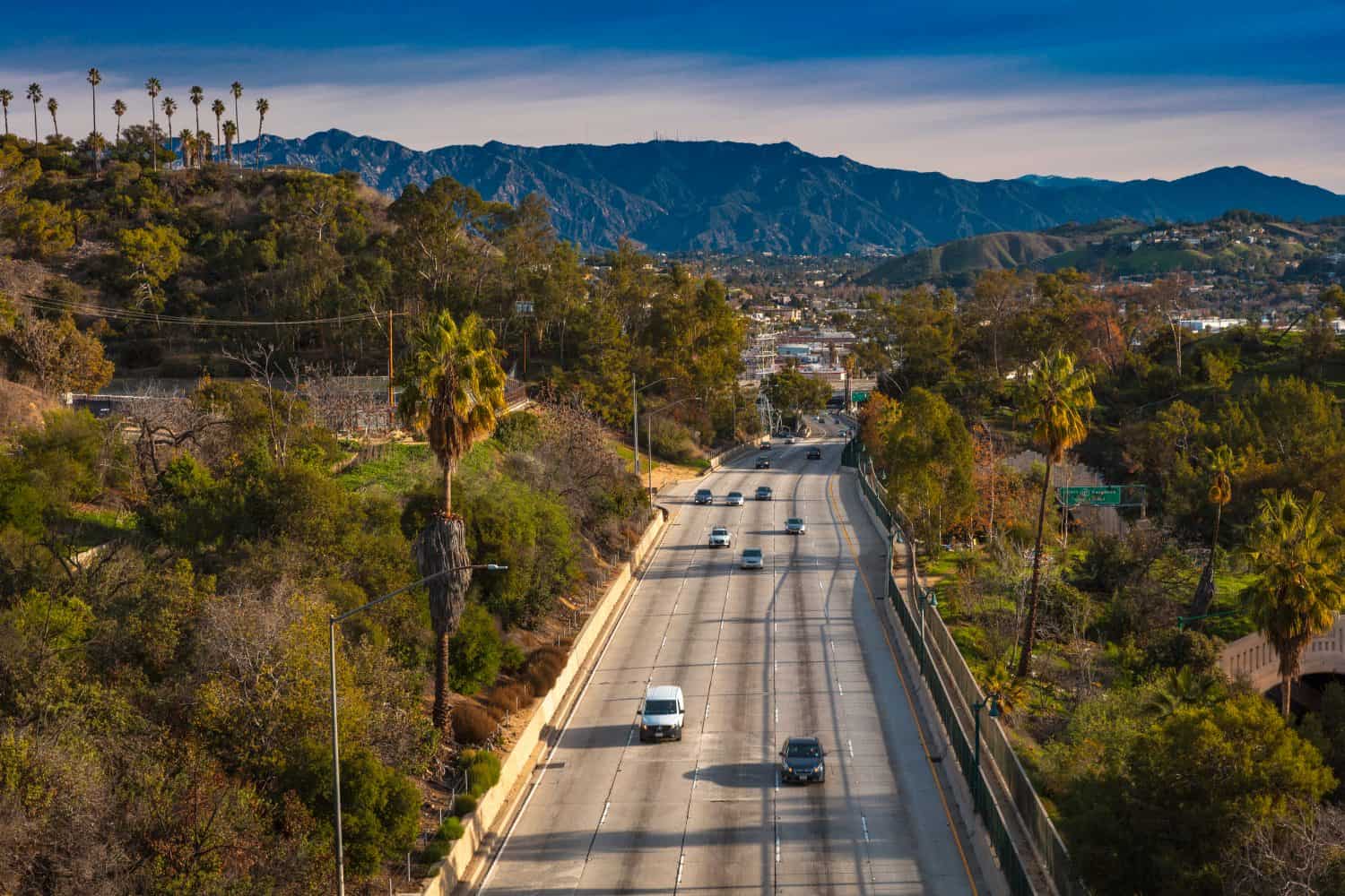 JANUARY 20, 2019, LOS ANGELES, CA, USA - Pasadena Freeway (Arroyo Seco Parkway) CA 110 leads to downtown Los Angeles in morning light