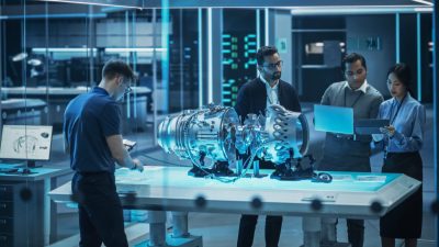 Four engineers, two men and two women, are gathered around a glowing, futuristic table in a high-tech lab, examining a disassembled jet engine or complex mechanical prototype. One man in a blue shirt is on the left, looking down at documents. Three others are on the right, two men and a woman, observing the prototype and looking at laptops and tablets. The lab has a blue ambient light, and behind the people are glass partitions and illuminated panels.