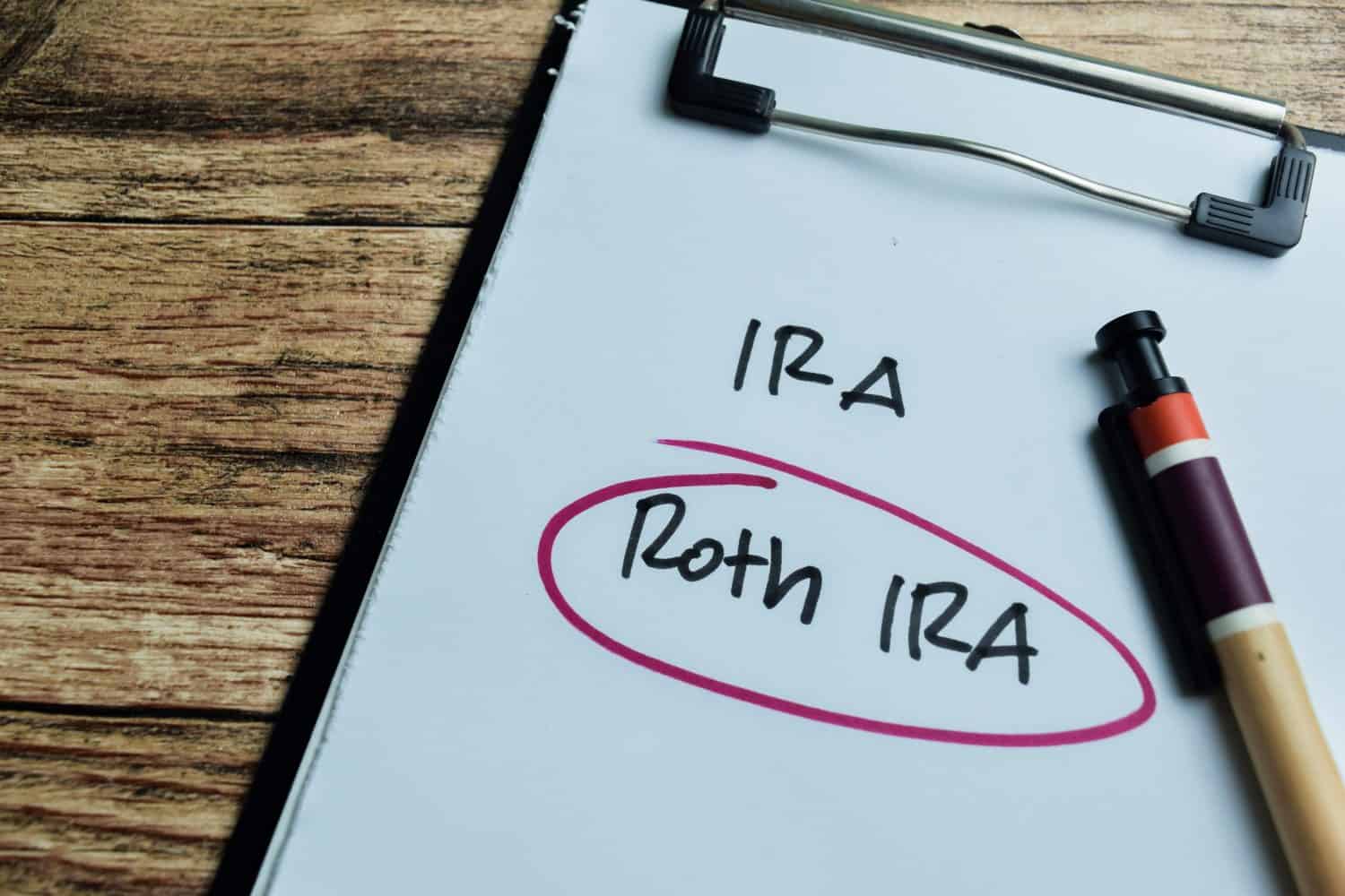 Concept of IRA and Roth IRA write on paperwork isolated on wooden background.