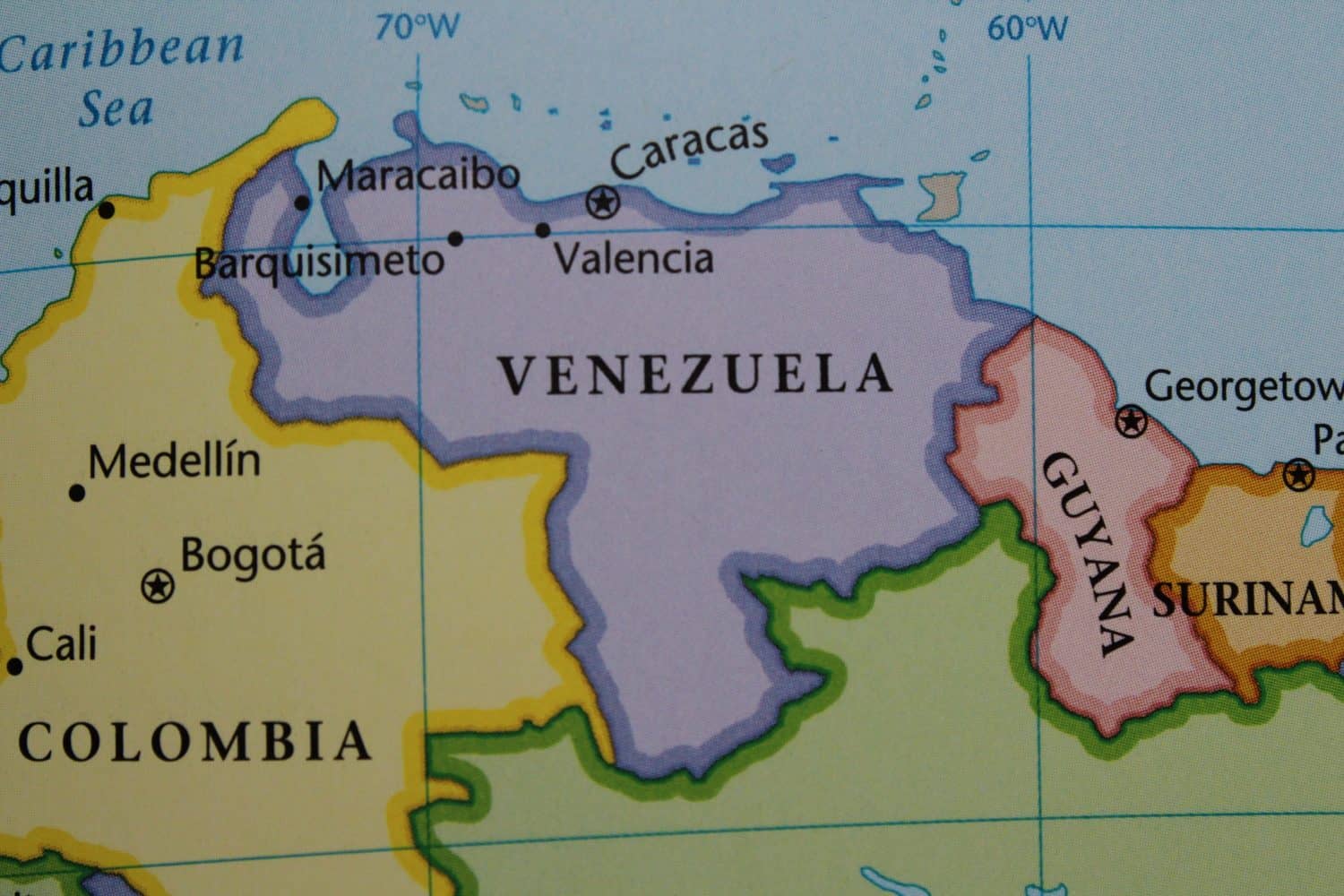 Close up of the country of Venezuela viewed on a wold map as a travel concept. Venezuela on a map