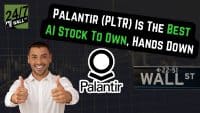 A man in a white shirt smiles with two thumbs up, positioned in front of a dark, grid-patterned background. Overlaid are a "24/7 WALL ST" logo, a large black banner declaring "PALANTIR (PLTR) IS THE BEST AI STOCK TO OWN, HANDS DOWN" with "BEST" and "AI STOCK TO OWN" in green text, the Palantir logo and name, and a "WALL ST" street sign pointing left.