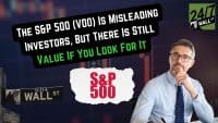A man in a light blue button-down shirt and a blue polka-dotted tie, wearing glasses, rests his chin thoughtfully on his hand while holding a pen. Behind him, a large black text bubble states 'THE S&P 500 (VOO) IS MISLEADING INVESTORS, BUT THERE IS STILL VALUE IF YOU LOOK FOR IT' in white and green text. Below it, a torn white paper graphic shows 'S&P 500' in red letters. A 'WALL ST' street sign is visible on the left, and a '24/7 WALL ST' logo is in the top right corner, all superimposed over a blurred financial chart background.