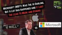 A graphic illustrating a competition in the AI sector. The text 'MICROSOFT (MSFT) WAS THE AI DARLING, BUT A LOT HAS HAPPENED AND IT LOST THE LEAD TO MUSK AND OTHERS' is displayed prominently on a black, curved banner. Below, Elon Musk's face is centered, with a gray Apple logo to his upper right and a Microsoft logo to his lower right, separated by a 'VS' icon. A 'WALL ST' street sign is on the left, and a blurred stock market chart in red and green tones is in the background. A '24/7 WALL ST' logo is in the upper right corner.
