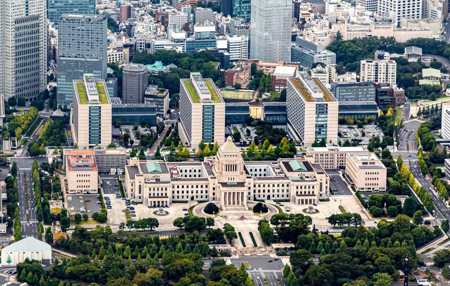 Aerial view of the National Diet Building of Japan in Chiyoda, Tokyo