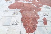 Africa map of Portuguese discoveries and colony conquests made of marble stone in Belem district of Lisbon, Portugal.