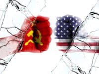 cold war. Flag of the Soviet Union (1922-1991). American flag (50 stars). Describe the hostile relationship between the two countries. Background or basemap. double exposure hologram
