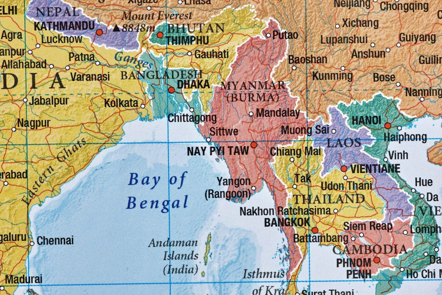 Bhutan, Bangladesh, Myanmar (Burma), Laos on the world map close-up.