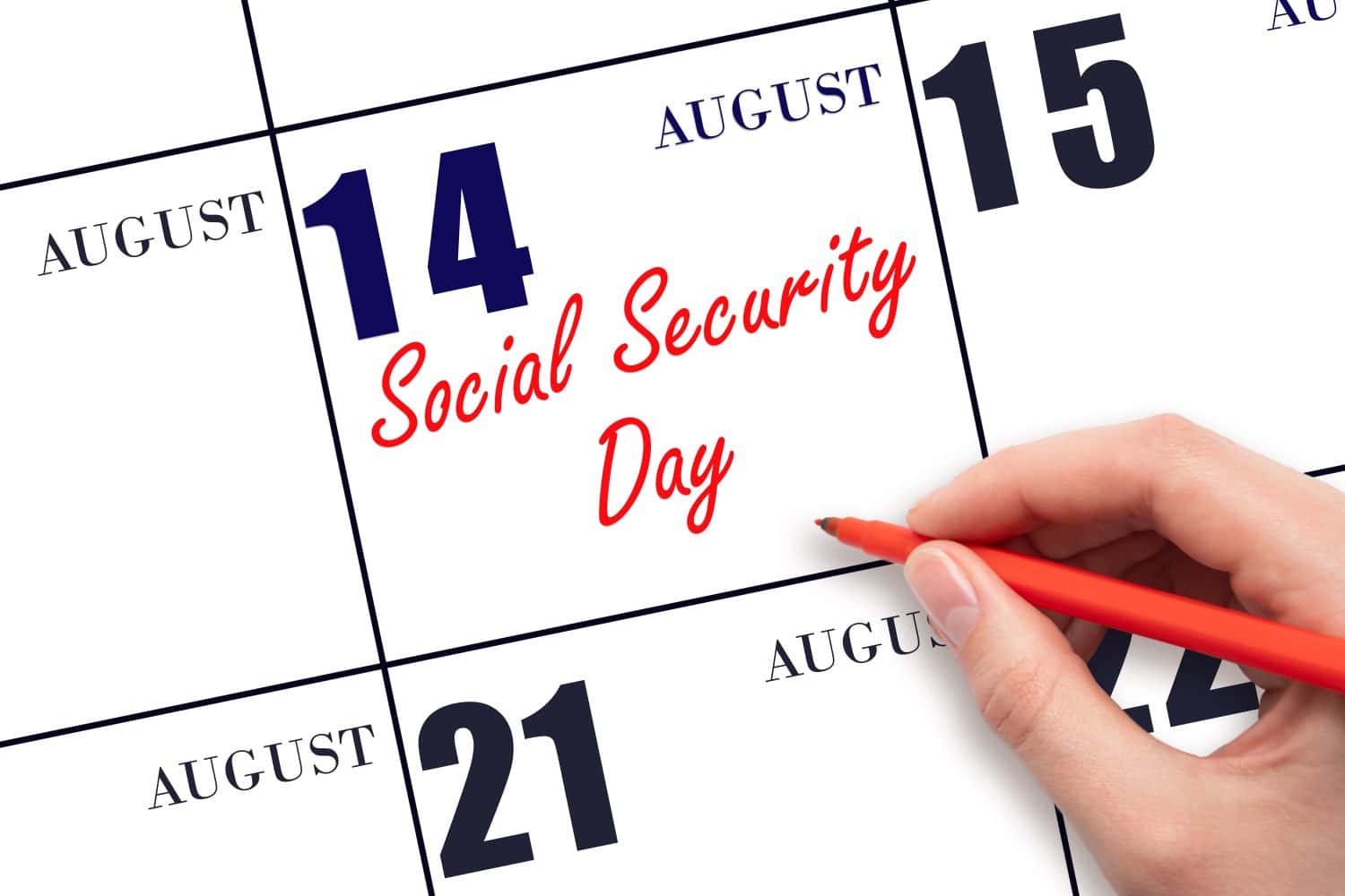 August 14. Hand writing text Social Security Day on calendar date. Save the date. Holiday. Important date. Day of the year concept.