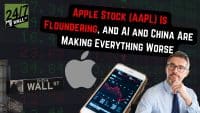 A man in glasses and a blue shirt looks thoughtfully while holding a smartphone displaying a red downward-trending stock chart for Apple (AAPL). Behind him is a digital stock ticker board with green and red numbers, a gray Apple logo, and a Wall Street sign. Overlay text on a black bubble reads 'APPLE STOCK (AAPL) IS FLOUNDERING, AND AI AND CHINA ARE MAKING EVERYTHING WORSE'. The overall background is dark with financial market data.